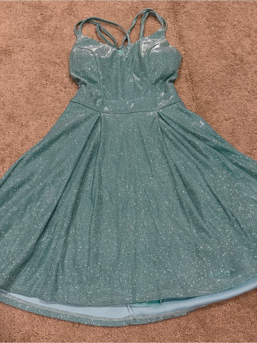 NWT B. Darlin Sz 1/2 Fit and Flare Dress Green Silver Glitter W/ Crossback Ties